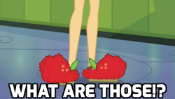 Size: 1024x576 | Tagged: safe, edit, edited screencap, screencap, character:applejack, episode:monday blues, eqg summertime shorts, g4, my little pony: equestria girls, my little pony:equestria girls, caption, clothing, dead meme, feet, female, forced meme, image macro, legs, meme, slippers, solo, what are thoooose