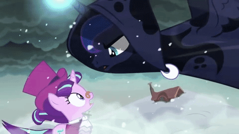 Size: 480x270 | Tagged: safe, edit, edited screencap, screencap, character:princess luna, character:snowfall frost, character:starlight glimmer, species:pony, episode:a hearth's warming tail, g4, my little pony: friendship is magic, animated, gif, reversed, snow, spirit of hearth's warming yet to come