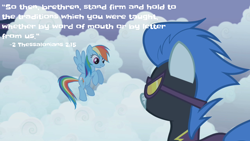Size: 640x360 | Tagged: safe, edit, edited screencap, screencap, character:nightshade, character:rainbow dash, species:pegasus, species:pony, bible, bible verse, christianity, clothing, cloud, costume, duo, female, flying, mare, quote, religion, shadowbolts, shadowbolts costume, text