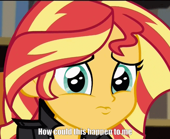 Size: 676x552 | Tagged: safe, edit, edited screencap, screencap, character:sunset shimmer, my little pony:equestria girls, animated, bust, female, gif, how could this happen to me, image macro, meme, portrait, pouting, sad, simple plan, solo, song reference, untitled (song)