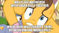 Size: 891x500 | Tagged: safe, edit, edited screencap, screencap, character:big mcintosh, character:caramel, character:marble pie, character:sugar belle, species:pony, ship:marblemac, ship:sugarmac, episode:fame and misfortune, g4, my little pony: friendship is magic, discovery family logo, dramamel, exploitable meme, female, image macro, male, meme, obligatory pony, shipping, straight