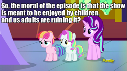 Size: 857x481 | Tagged: safe, edit, edited screencap, screencap, character:coconut cream, character:starlight glimmer, character:toola roola, episode:fame and misfortune, g4, my little pony: friendship is magic, biased, drama, fame and misfortune drama, impact font, op is a duck, op is trying to start shit, op started shit, text