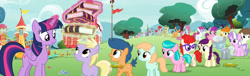 Size: 3496x1062 | Tagged: safe, edit, edited screencap, screencap, character:aquamarine, character:boysenberry, character:bubblegum brush, character:carrot crunch, character:cotton cloudy, character:diamond tiara, character:dinky hooves, character:first base, character:lily longsocks, character:liza doolots, character:peach fuzz, character:petunia, character:piña colada, character:silver spoon, character:super funk, character:tootsie flute, character:train tracks, character:twilight sparkle, character:twilight sparkle (alicorn), character:twist, species:alicorn, species:earth pony, species:pegasus, species:pony, species:unicorn, episode:fame and misfortune, g4, my little pony: friendship is magic, bluegrass (character), book, colt, female, filly, friendship journal, gallop j. fry, glowing horn, levitation, little red, magic, male, panorama, ponyville, ponyville schoolhouse, telekinesis, waiting