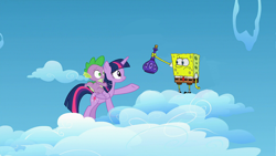 Size: 1920x1080 | Tagged: safe, edit, edited screencap, screencap, character:spike, character:twilight sparkle, character:twilight sparkle (alicorn), species:alicorn, species:dragon, species:pony, episode:the cutie re-mark, redemption, spongebob squarepants