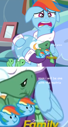 Size: 1092x2039 | Tagged: safe, edit, edited screencap, screencap, character:rainbow dash, character:tank, species:pony, episode:tanks for the memories, g4, my little pony: friendship is magic, bathrobe, clothing, comic sans, crying, dashie slippers, feels, floppy ears, implied death, matrix of leadership, meme, optimus prime, robe, sad, slippers, tank slippers, text, the transformers: the movie, transformers