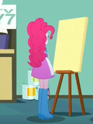 Size: 1536x2048 | Tagged: safe, edit, edited screencap, screencap, character:pinkie pie, episode:the art of friendship, eqg summertime shorts, g4, my little pony: equestria girls, my little pony:equestria girls, boots, canvas, clothing, cropped, easel, female, rear view, shoes, solo