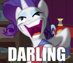 Size: 842x720 | Tagged: safe, edit, edited screencap, screencap, character:rarity, episode:fame and misfortune, g4, my little pony: friendship is magic, cropped, darling, derp, faec, female, image macro, insanity, makeup, meme, rarisnap, running makeup, sewing machine, solo, text, why i'm creating a gown darling