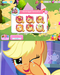 Size: 792x990 | Tagged: safe, edit, edited screencap, gameloft, screencap, character:apple bloom, character:applejack, character:big mcintosh, character:bright mac, character:granny smith, character:pear butter, species:pony, ship:brightbutter, episode:the perfect pear, g4, my little pony: friendship is magic, apple family, balloon, crying, cute, female, good end, jackabetes, male, mobile, reunion, reunited, screenshots, shipping, straight, sweet apple acres, tears of joy, the whole apple family