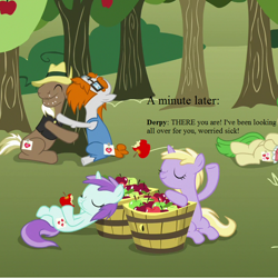 Size: 720x720 | Tagged: safe, edit, edited screencap, screencap, character:dinky hooves, character:liza doolots, character:petunia, character:tootsie flute, episode:fame and misfortune, g4, my little pony: friendship is magic, apple, apple tree, cajun ponies, cropped, fake cutie mark, food, implied derpy, ol' salt, reality ensues, reclining, savage honeydew, sitting, sweet apple acres, text, this will end in grounding, tree, tree hugging