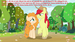 Size: 1280x720 | Tagged: safe, edit, edited screencap, screencap, character:bright mac, character:pear butter, species:pony, ship:brightbutter, episode:the perfect pear, g4, my little pony: friendship is magic, apple orchard, apple tree, apples pears, blushing, don pasquale, female, flower, gaetono donizetti, italian, male, meme, opera, otp, pear tree, shipping, song reference, spring, straight, tornami a dir che m'ami, translated in the description, tree