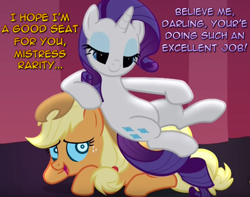 Size: 976x768 | Tagged: safe, edit, edited screencap, screencap, character:applejack, character:rarity, species:pony, episode:fame and misfortune, g4, my little pony: friendship is magic, appleseat, cropped, darling, dialogue, duo, female, femdom, flawless, forniphilia, living object, mind control, mistress, raridom, swirly eyes