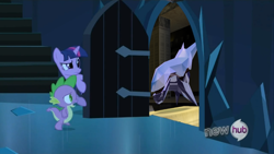 Size: 854x480 | Tagged: safe, edit, edited screencap, screencap, character:spike, character:twilight sparkle, episode:the crystal empire, g4, my little pony: friendship is magic, b-5d, exploitable meme, hub logo, meme, r-museum, r-type, r-type final, the scary door