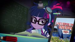Size: 1920x1080 | Tagged: safe, edit, edited screencap, screencap, character:twilight sparkle, character:twilight sparkle (scitwi), species:eqg human, episode:mad twience, eqg summertime shorts, g4, my little pony: equestria girls, my little pony:equestria girls, book, disney world, epcot, exploitable, laboratory, obligatory pony, sci-twi's portrait, universe of energy