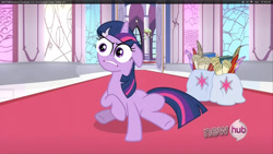 Size: 960x540 | Tagged: safe, edit, edited screencap, screencap, character:twilight sparkle, episode:the crystal empire, g4, my little pony: friendship is magic, spoiler:s03, bag, female, floppy ears, hub logo, saddle bag, sitting, solo, special eyes, throne room
