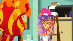 Size: 1216x684 | Tagged: safe, edit, edited screencap, screencap, character:pinkie pie, character:sunset shimmer, episode:the art of friendship, eqg summertime shorts, g4, my little pony: equestria girls, my little pony:equestria girls, crown, deja vu, jewelry, paint, parody, pinkie prick, prom queen meme, regalia, studio, this will end in tears
