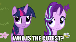 Size: 730x410 | Tagged: safe, edit, edited screencap, screencap, character:starlight glimmer, character:twilight sparkle, character:twilight sparkle (alicorn), species:alicorn, species:pony, species:unicorn, episode:fame and misfortune, g4, my little pony: friendship is magic, bronybait, c:, cute, discovery family logo, female, glimmerbetes, looking up, mare, meme, raised hoof, sitting, smiling, twiabetes