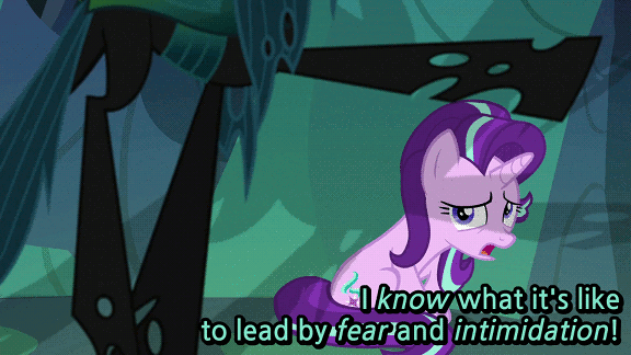 Size: 576x324 | Tagged: safe, edit, screencap, character:queen chrysalis, character:starlight glimmer, species:changeling, species:pony, species:unicorn, episode:to where and back again, g4, my little pony: friendship is magic, adhesion, animated, antagonist, anti-villain, caption, changeling hive, changeling lady, changeling queen, cornered, epic, fangs, female, flying, gif, hero, heroic speech, heroine, leadership, looking up, mare, shadow, sitting, speech, spread wings, talking, text, villainess, wallcrawling, wings, wisdom