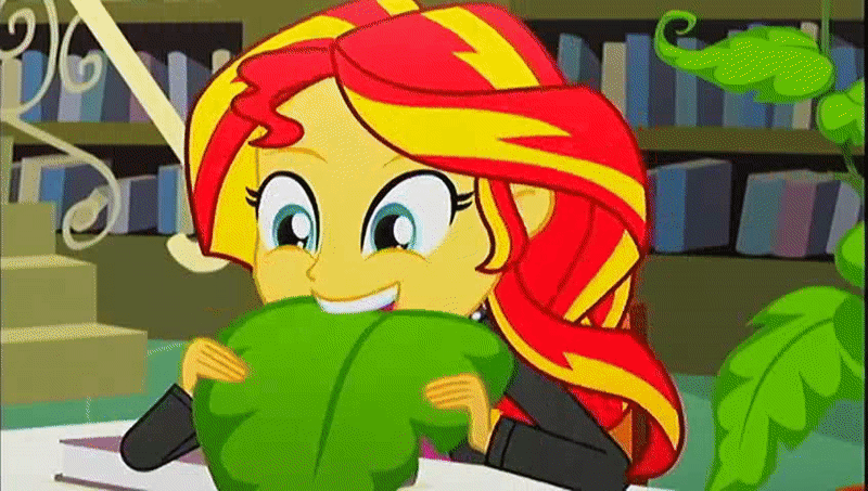Size: 800x453 | Tagged: safe, edit, screencap, character:sunset shimmer, episode:epic fails, eqg summertime shorts, g4, my little pony: equestria girls, my little pony:equestria girls, animated, cropped, cute, female, food, gif, humans doing horse things, nom, shimmerbetes, sunset wants her old digestive system back
