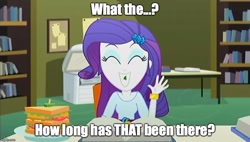 Size: 880x500 | Tagged: safe, edit, edited screencap, screencap, character:rarity, episode:epic fails, eqg summertime shorts, g4, my little pony: equestria girls, my little pony:equestria girls, female, grin, image macro, meme, smiling, solo, spinach, teeth, the emperor's new groove, yzma
