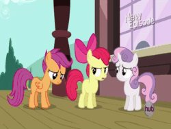 Size: 1440x1080 | Tagged: safe, edit, edited screencap, screencap, character:apple bloom, character:scootaloo, character:sweetie belle, species:pegasus, species:pony, episode:flight to the finish, g4, my little pony: friendship is magic, animated, cutie mark crusaders, sound, webm