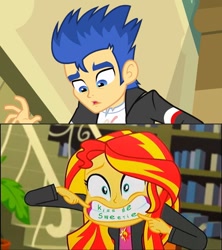 Size: 829x934 | Tagged: safe, edit, edited screencap, screencap, character:flash sentry, character:sunset shimmer, ship:flashimmer, episode:epic fails, eqg summertime shorts, g4, my little pony: equestria girls, my little pony:equestria girls, couple, female, library, male, parody, shipping, straight