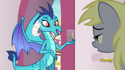 Size: 1920x1080 | Tagged: safe, edit, edited screencap, screencap, character:derpy hooves, character:princess ember, species:dragon, episode:triple threat, g4, my little pony: friendship is magic, chocolate, chocolate milk, everything is ruined, exploitable meme, food, meme, milk, pure unfiltered evil, spilled milk