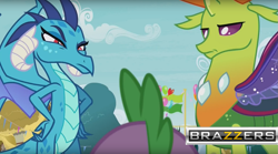 Size: 1255x699 | Tagged: safe, edit, screencap, character:princess ember, character:spike, character:thorax, species:changeling, species:dragon, species:reformed changeling, episode:triple threat, g4, my little pony: friendship is magic, brazzers