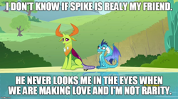 Size: 888x499 | Tagged: safe, edit, edited screencap, screencap, character:princess ember, character:spike, character:thorax, species:changeling, species:dragon, species:reformed changeling, ship:thoraxspike, episode:triple threat, g4, my little pony: friendship is magic, caption, female, gay, implied rarity, implied sex, implied spike, male, meme, shipping