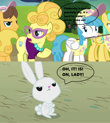 Size: 1280x1441 | Tagged: safe, edit, edited screencap, screencap, character:angel bunny, character:caramel, character:white lightning, species:rabbit, episode:fame and misfortune, g4, my little pony: friendship is magic, dialogue, lemon chiffon, speech bubble, this will end in pain