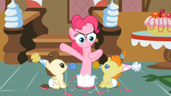 Size: 1280x720 | Tagged: safe, edit, edited screencap, screencap, character:pinkie pie, character:pound cake, character:pumpkin cake, episode:baby cakes, g4, my little pony: friendship is magic, babies, baby ponies, cake, diaper, diapered, diapered colt, diapered filly, diapered foals, food, meme, noisemaker, one month old colt, one month old filly, one month old foals, party hats, special eyes, surprise cake, white diapers