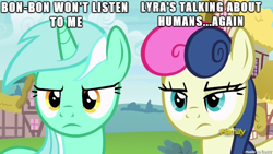 Size: 610x343 | Tagged: safe, edit, edited screencap, screencap, character:bon bon, character:lyra heartstrings, character:sweetie drops, species:earth pony, species:pony, species:unicorn, ship:lyrabon, episode:triple threat, g4, my little pony: friendship is magic, bon bon is not amused, discovery family logo, duo, female, image macro, lesbian, lyra is not amused, meme, shipping, unamused