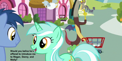 Size: 720x360 | Tagged: safe, edit, edited screencap, screencap, character:blues, character:discord, character:lyra heartstrings, character:noteworthy, episode:discordant harmony, g1, g4, my little pony: friendship is magic, cropped, female, g1 to g4, generation leap, happy, implied danny, implied g1, implied megan, implied molly, lyraworthy, male, shopping cart, straight, that pony sure does love humans