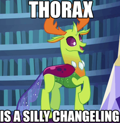 Size: 437x448 | Tagged: safe, edit, edited screencap, screencap, character:thorax, species:changeling, species:reformed changeling, episode:triple threat, g4, my little pony: friendship is magic, caption, cute, image macro, male, meme, silly, silly changeling, silly pony, solo, text, thorabetes