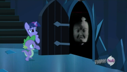 Size: 854x480 | Tagged: safe, edit, edited screencap, screencap, character:spike, character:twilight sparkle, episode:the crystal empire, g4, my little pony: friendship is magic, closing logo, d, exploitable meme, frown, guo xiang, logo, meme, open mouth, raised eyebrow, the scary door, vid