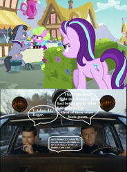 Size: 1022x1388 | Tagged: safe, edit, edited screencap, screencap, character:daisy, character:diamond cutter, character:starlight glimmer, species:pony, episode:fame and misfortune, g4, my little pony: friendship is magic, cafe, cropped, dialogue, fight, police car, speech bubble, this will end in tears