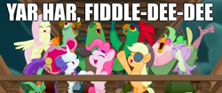 Size: 2048x858 | Tagged: safe, edit, edited screencap, screencap, character:applejack, character:boyle, character:fluttershy, character:lix spittle, character:mullet, character:murdock, character:pinkie pie, character:rarity, character:spike, species:dragon, species:earth pony, species:pegasus, species:pony, species:unicorn, my little pony: the movie (2017), clothing, female, hat, lazytown, male, mare, parrot pirates, pirate, pirate hat, song reference, you are a pirate
