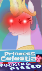 Size: 609x1018 | Tagged: safe, edit, edited screencap, screencap, character:princess celestia, species:pony, episode:the crystal empire, g4, my little pony: friendship is magic, angry, caption, expand dong, exploitable meme, glowing eyes, glowing eyes meme, glowing eyes of doom, image macro, kirby, meme, meta, red eyes take warning, super grep simulator, twitter, vulgar