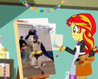 Size: 323x261 | Tagged: safe, edit, edited screencap, screencap, character:sunset shimmer, episode:the art of friendship, eqg summertime shorts, g4, my little pony: equestria girls, my little pony:equestria girls, 60s batman, adam west, animated, batman, boom, classroom, exploitable meme, gif, meme, obligatory pony, painting, parody, some days you just can't get rid of a bomb, sunset's painting