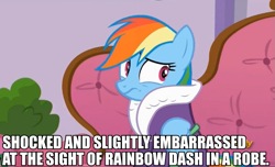 Size: 891x542 | Tagged: safe, edit, edited screencap, screencap, character:rainbow dash, species:pony, episode:applejack's day off, are you my neighbor, clothing, impact font, robe, text, the hairbrush song, tomboy taming, veggietales