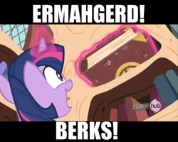 Size: 500x399 | Tagged: safe, edit, edited screencap, screencap, character:twilight sparkle, episode:the crystal empire, g4, my little pony: friendship is magic, berk, book, ermahgerd, female, giant fucking book of magic and shit, golden oaks library, hub logo, image macro, solo, that pony sure does love books