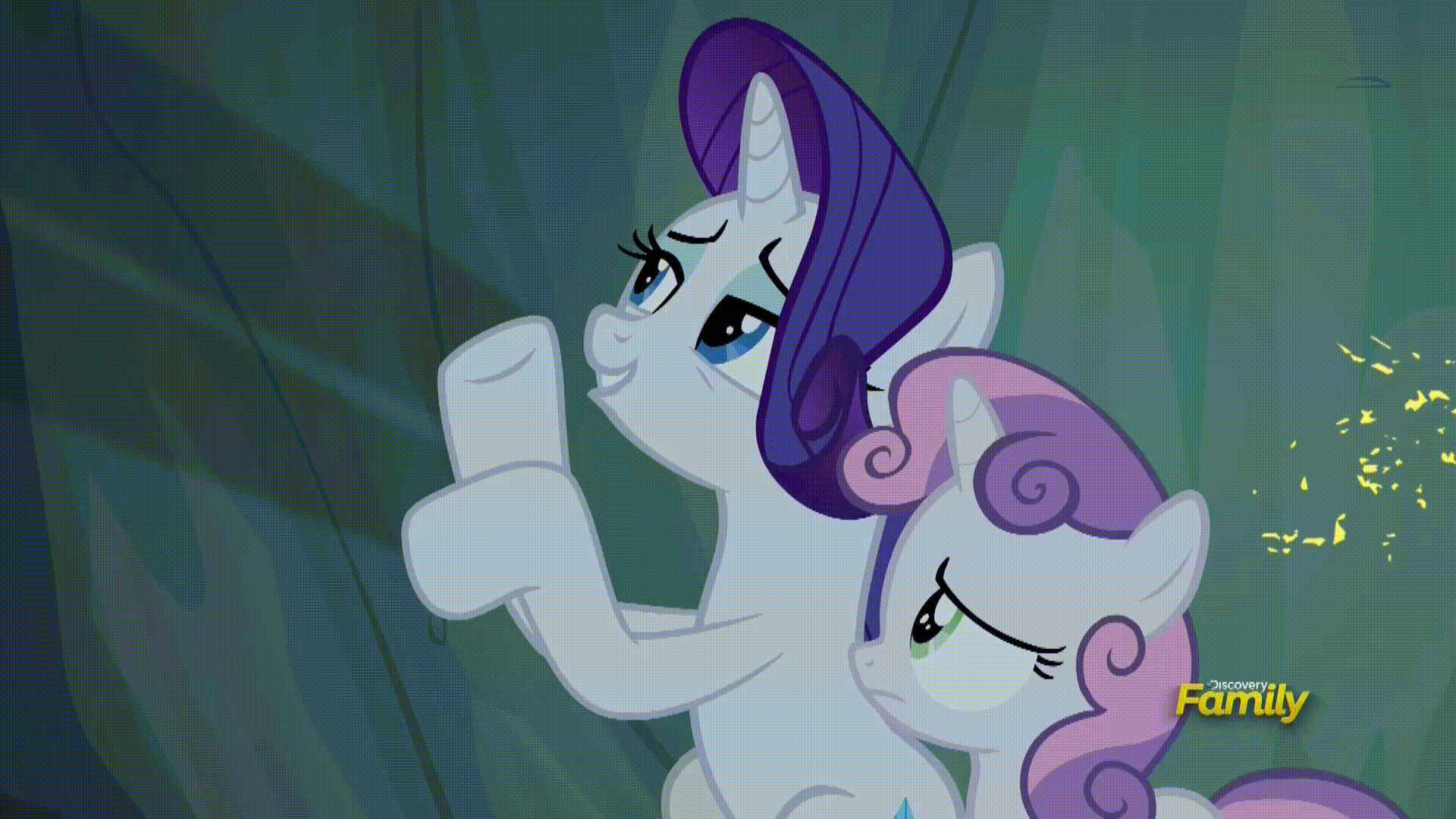 Size: 1920x1080 | Tagged: safe, edit, edited screencap, screencap, character:rarity, character:sweetie belle, species:pony, episode:campfire tales, g4, my little pony: friendship is magic, absurd file size, absurd gif size, animated, gif, gremlins, gremlins 2, shadow puppets