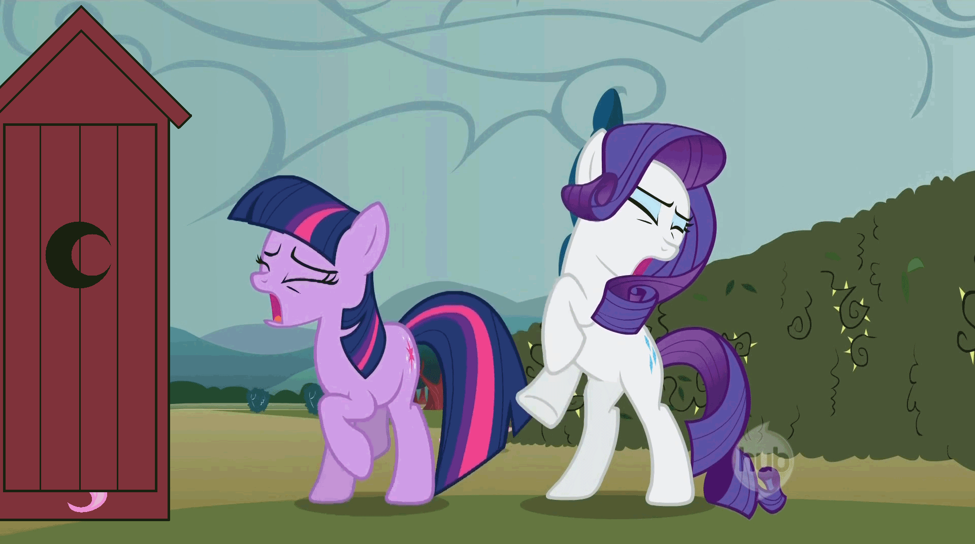 Size: 1920x1072 | Tagged: safe, edit, edited screencap, screencap, character:fluttershy, character:rarity, character:twilight sparkle, species:earth pony, species:pony, episode:the return of harmony, g4, my little pony: friendship is magic, animated, desperation, earth pony rarity, earth pony twilight, eyes closed, female, gif, hoofy-kicks, hub logo, mare, missing horn, need to pee, omorashi, open mouth, outhouse, potty dance, potty emergency, potty time, race swap, rearing, trotting in place
