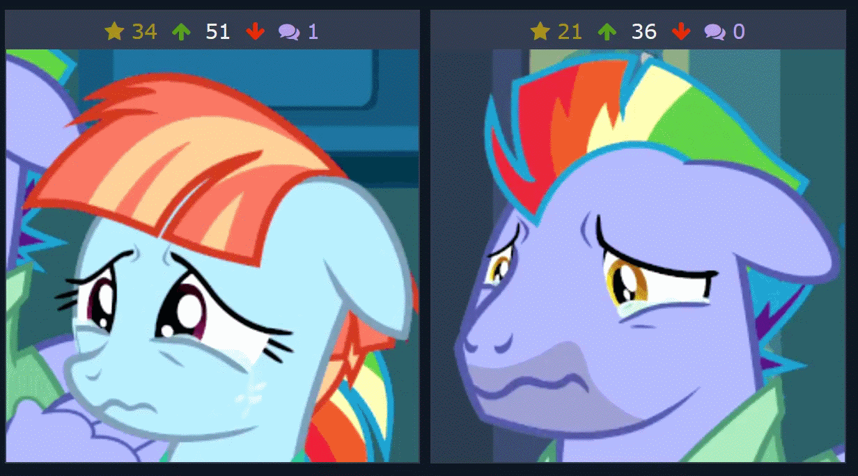 Size: 1232x684 | Tagged: safe, edit, edited screencap, screencap, character:bow hothoof, character:windy whistles, species:pegasus, species:pony, derpibooru, episode:parental glideance, g4, my little pony: friendship is magic, animated, cropped, crying, eye shimmer, female, floppy ears, forced juxtaposition, gif, juxtaposition, juxtaposition win, loop, male, mare, meme, meta, rainbow dash's parents, reaction image, sad, stallion, wavy mouth