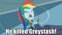 Size: 1920x1080 | Tagged: safe, edit, edited screencap, screencap, character:rainbow dash, episode:leaping off the page, eqg summertime shorts, g4, my little pony: equestria girls, my little pony:equestria girls, book, eyes closed, female, image macro, meme, panic, solo, the simpsons
