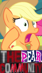 Size: 323x559 | Tagged: safe, edit, edited screencap, screencap, character:applejack, species:pony, episode:the perfect pear, g4, my little pony: friendship is magic, aj styles, apple bloom's bow, bow, caption, dishonorapple, expand dong, exploitable meme, female, hair bow, image macro, meme, pear, shocked, solo, that pony sure does hate pears