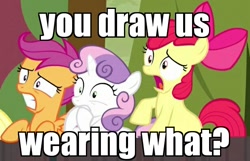 Size: 617x398 | Tagged: safe, edit, edited screencap, screencap, character:apple bloom, character:scootaloo, character:sweetie belle, species:pegasus, species:pony, episode:appleoosa's most wanted, g4, my little pony: friendship is magic, cutie mark crusaders, image macro, meme, shocked, we don't normally wear clothes