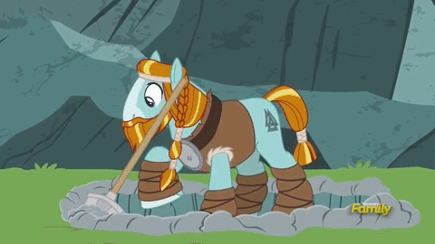 Size: 480x270 | Tagged: safe, edit, edited screencap, screencap, character:rockhoof, species:pony, episode:campfire tales, g4, my little pony: friendship is magic, animated, gif, reversed, rockhoof's shovel, shovel, solo, transformation