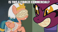Size: 896x500 | Tagged: safe, edit, edited screencap, screencap, character:somnambula, character:sphinx, species:pegasus, species:pony, species:sphinx, episode:daring done, g4, blindfold, blindfolded, fangs, febreze, image macro, jewelry, meme, regalia