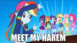 Size: 700x394 | Tagged: safe, edit, edited screencap, screencap, character:applejack, character:fluttershy, character:pinkie pie, character:rainbow dash, character:rarity, character:sunset shimmer, character:twilight sparkle, character:twilight sparkle (scitwi), species:eqg human, ship:appledash, ship:flutterdash, ship:pinkiedash, ship:raridash, ship:sunsetdash, ship:twidash, episode:get the show on the road, eqg summertime shorts, g4, my little pony: equestria girls, my little pony:equestria girls, female, harem, humane seven, image macro, implied lesbian, lesbian, meme, rainbow dash gets all the mares, rapper dash, scitwidash, shipping, text