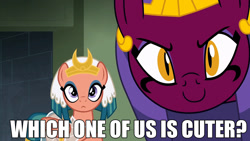 Size: 1280x720 | Tagged: safe, edit, edited screencap, screencap, character:somnambula, character:sphinx, species:pegasus, species:pony, species:sphinx, episode:daring done, g4, bronybait, cute, female, fourth wall, image macro, impact font, jewelry, looking at you, mare, meme, regalia, size difference, sphinxdorable